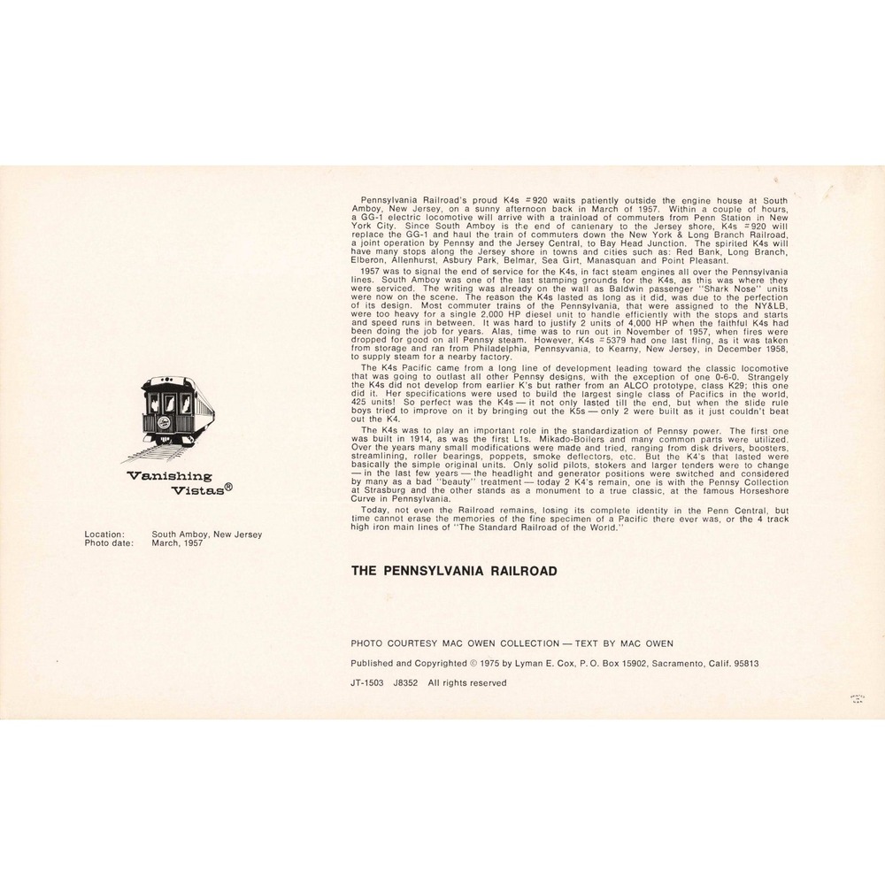 PRR Pennsylvania Railroad K4s 4-6-2 #920 Steam Locomotive Card Vanishing Vistas - Picture 2 of 2